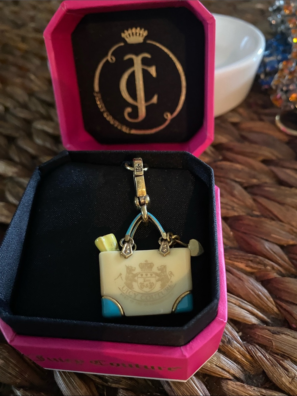 Juicy Couture Cream and Turquoise Enamel Bag Charm with Gold Hardware
